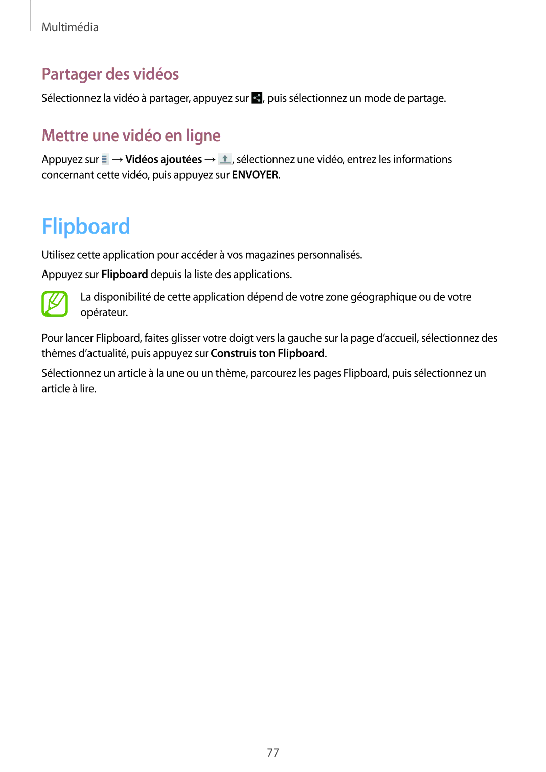 Samsung SM-T2110ZWAFTM, SM-T2110ZWEXEF, SM-T2110ZWEFTM manual Flipboard, Mettre une vidéo en ligne 