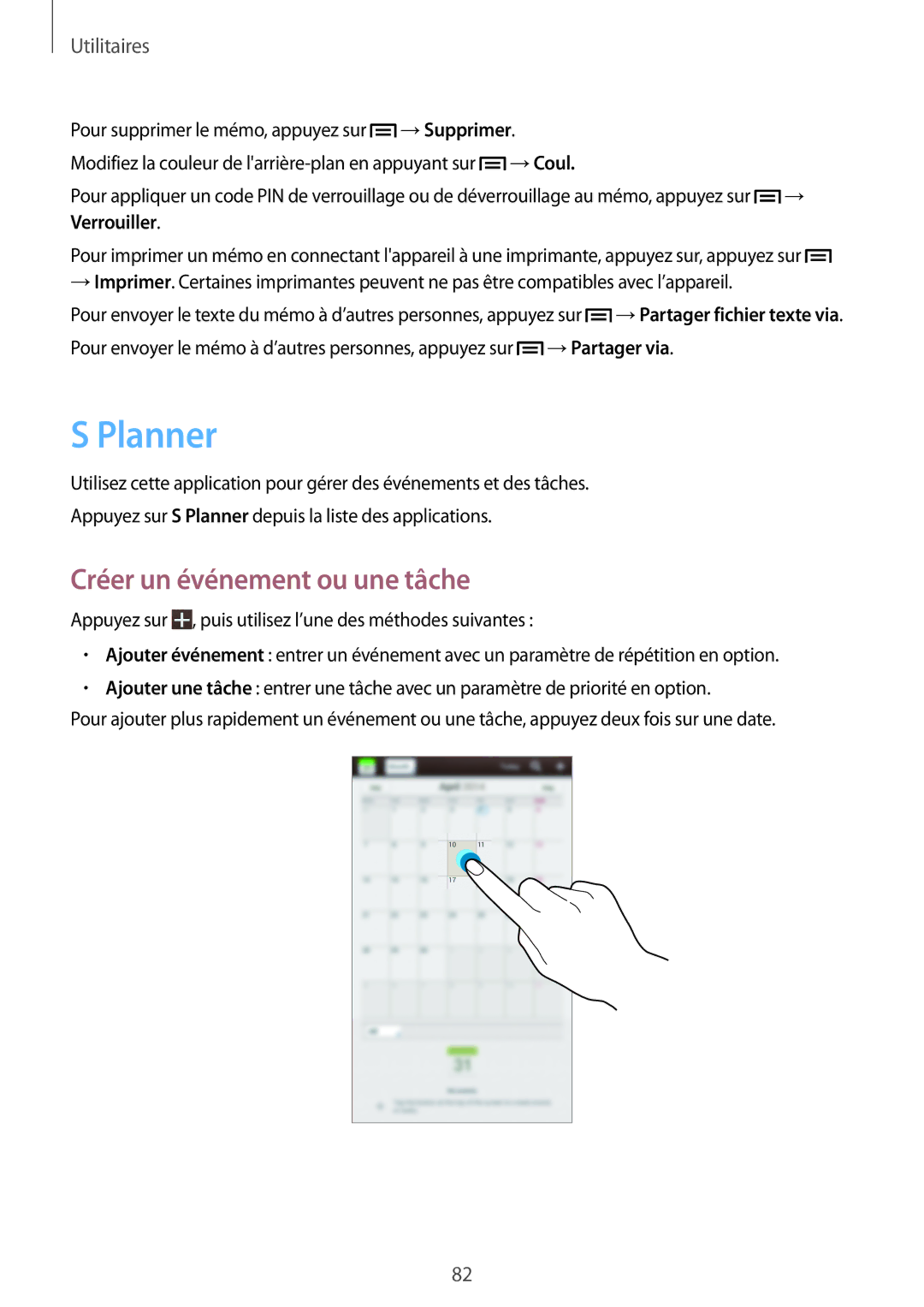 Samsung SM-T2110ZWEFTM, SM-T2110ZWEXEF manual Planner, Créer un événement ou une tâche, →Supprimer, →Coul, Verrouiller 