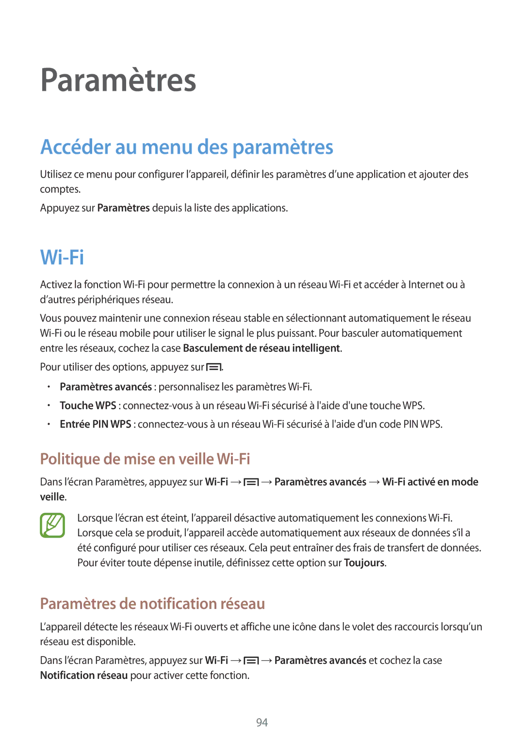 Samsung SM-T2110ZWEFTM, SM-T2110ZWEXEF Paramètres, Accéder au menu des paramètres, Politique de mise en veille Wi-Fi 