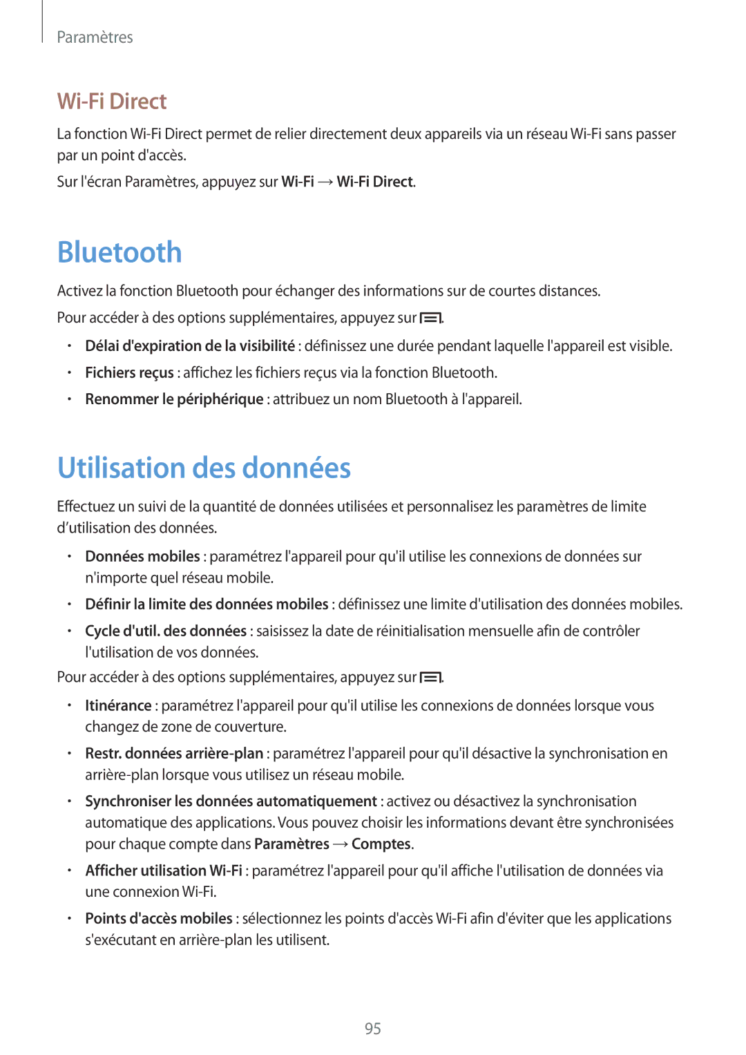 Samsung SM-T2110ZWAFTM, SM-T2110ZWEXEF, SM-T2110ZWEFTM manual Utilisation des données, Wi-Fi Direct 