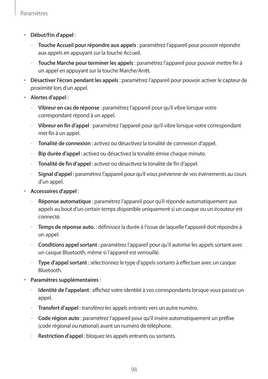 Samsung SM-T2110ZWAFTM, SM-T2110ZWEXEF, SM-T2110ZWEFTM manual Alertes dappel, Accessoires dappel, Paramètres supplémentaires 