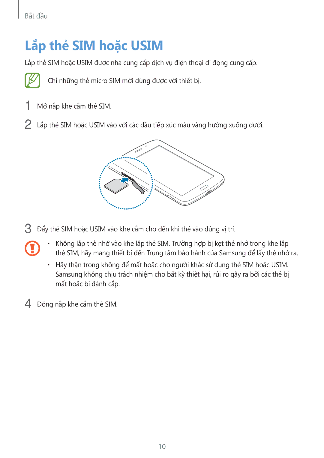 Samsung SM-T2110ZWEXXV manual Lắp thẻ SIM hoặc Usim 