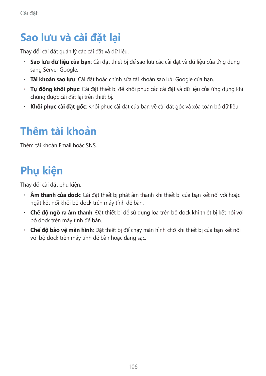 Samsung SM-T2110ZWEXXV manual Sao lưu và cai đặt lại, Thêm tài khoản, Phu kiên 