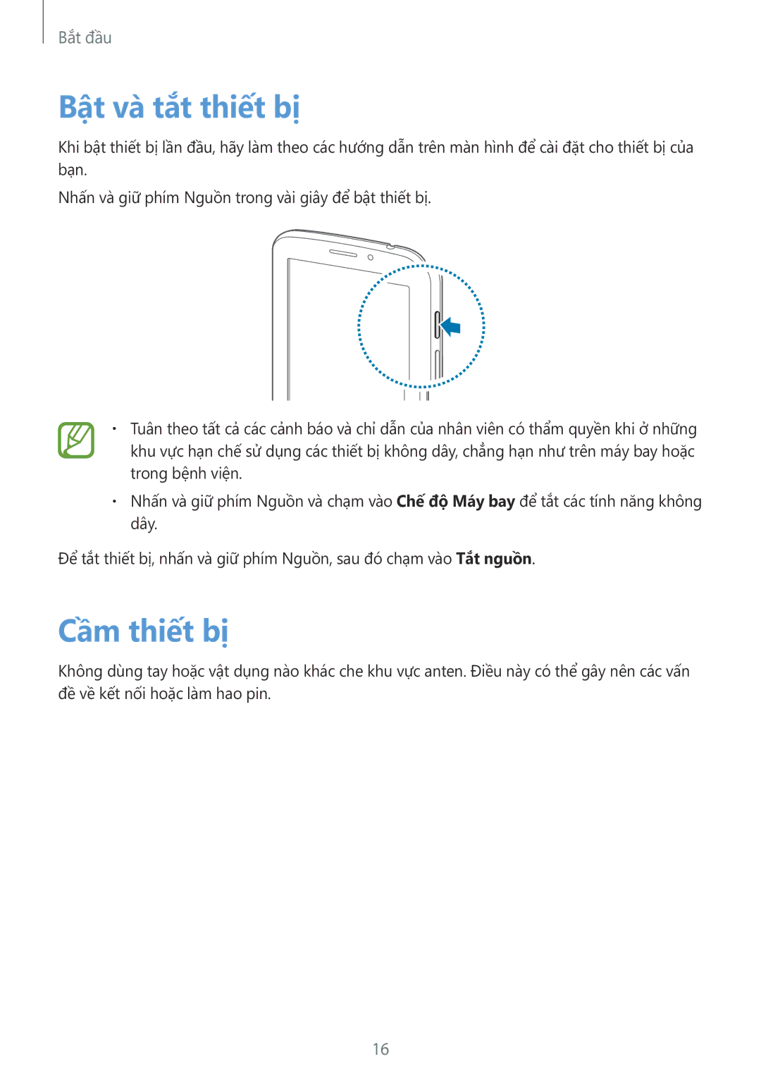 Samsung SM-T2110ZWEXXV manual Bật và tắt thiết bị, Cầm thiết bị 