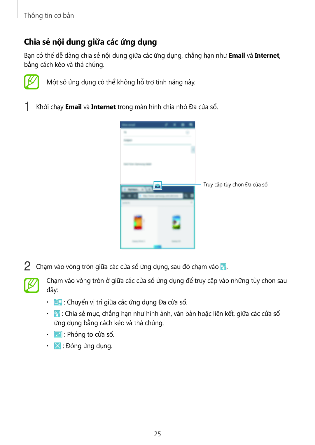 Samsung SM-T2110ZWEXXV manual Chia sẻ nội dung giữa các ứng dụng 