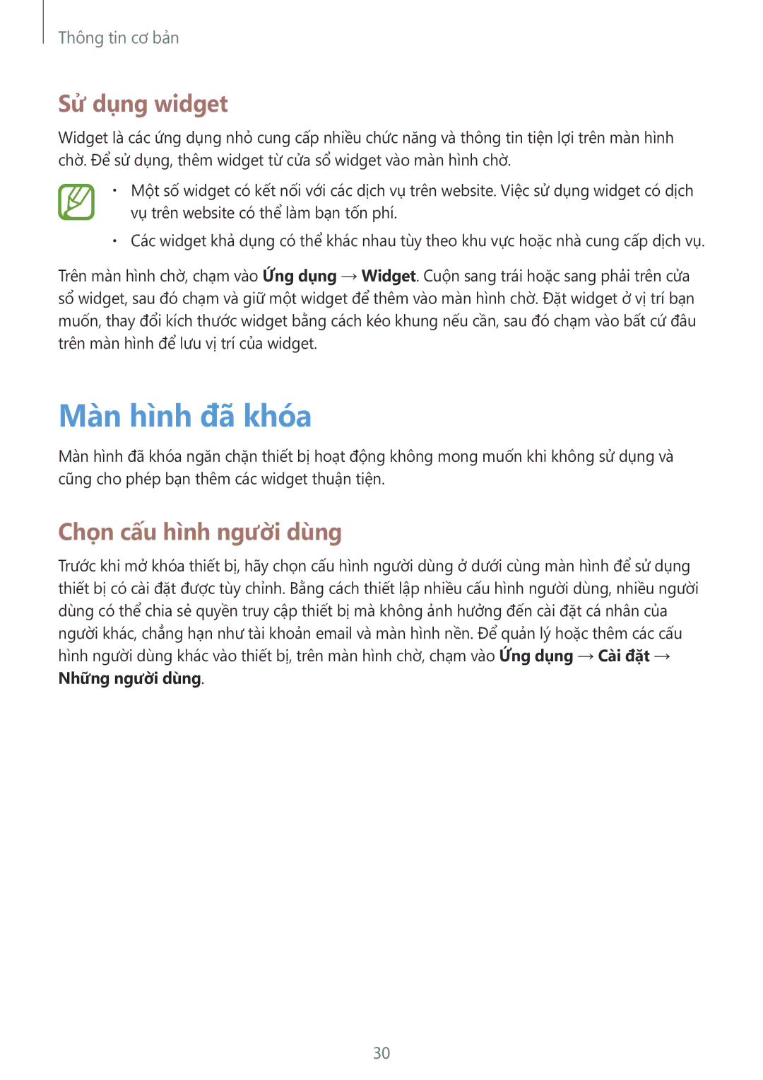 Samsung SM-T2110ZWEXXV manual Màn hình đã khóa, Sử dụng widget, Chọn cấu hình người dùng, Những người dùng 