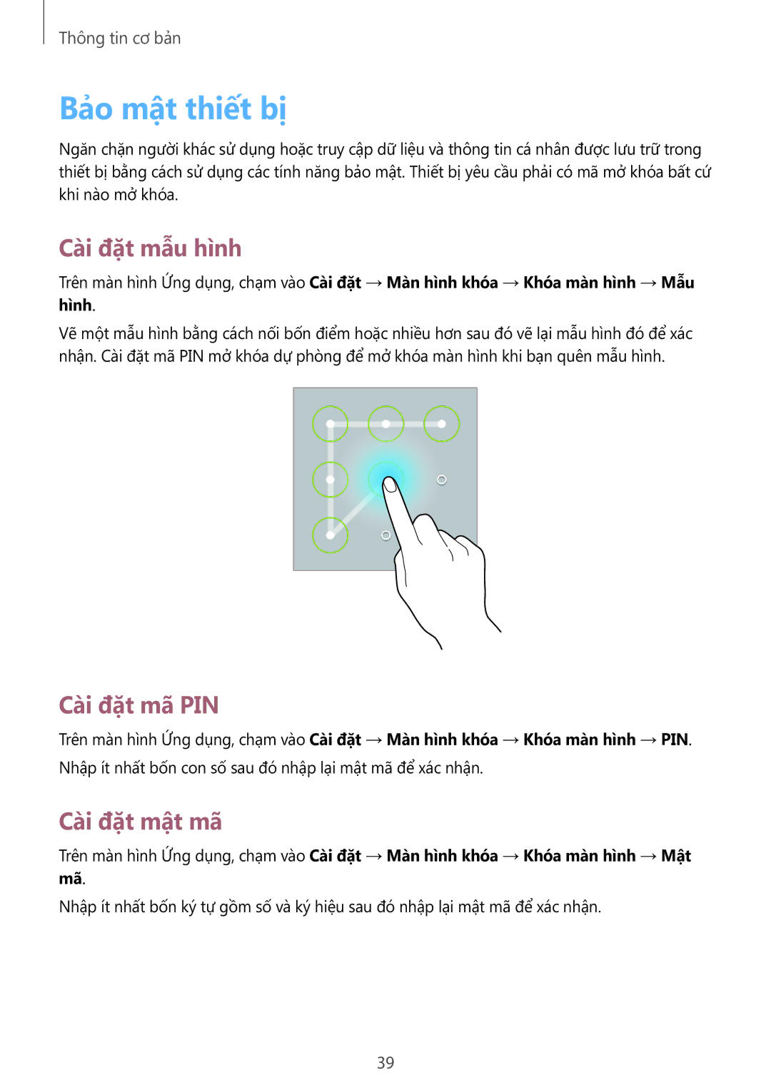 Samsung SM-T2110ZWEXXV manual Bảo mật thiết bị, Cài đặt mẫu hình, Cài đặt mã PIN, Cài đặt mật mã 