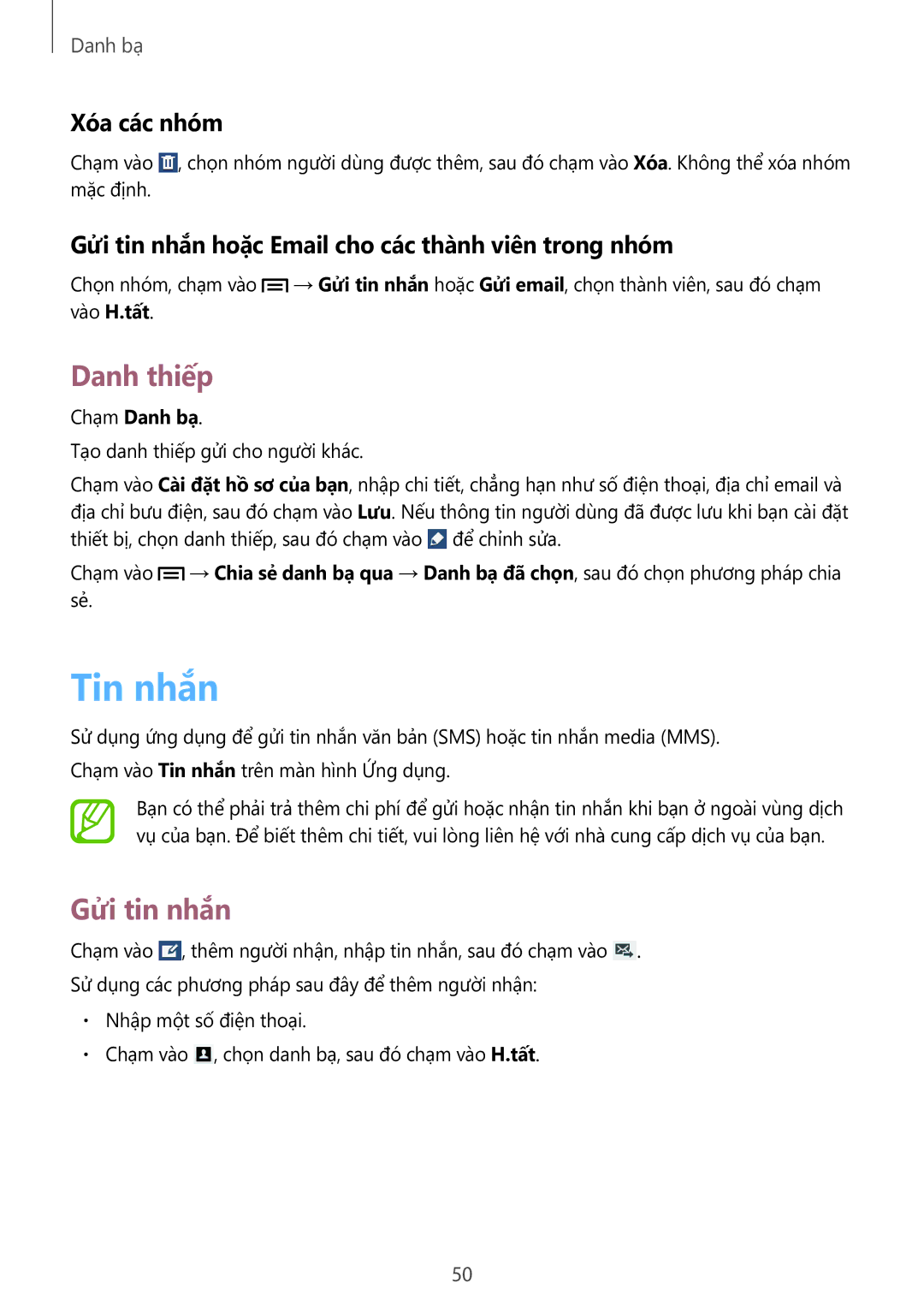 Samsung SM-T2110ZWEXXV manual Tin nhắn, Danh thiêp, Gửi tin nhắn, Xóa các nhóm 