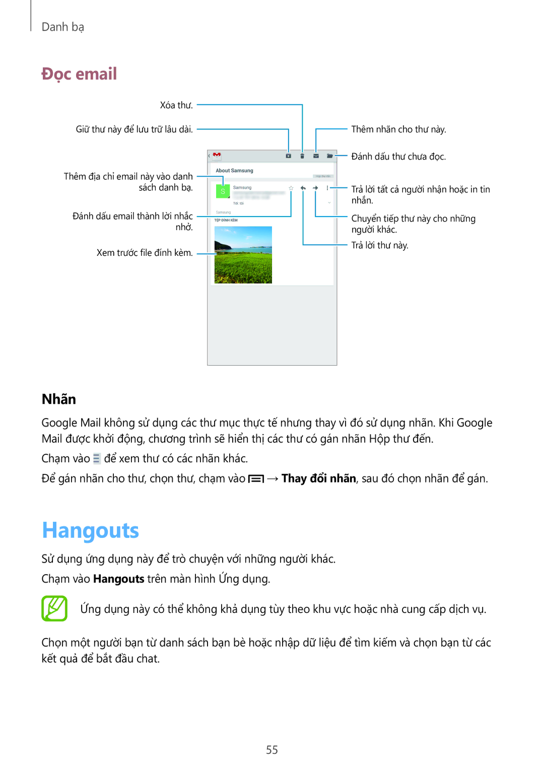 Samsung SM-T2110ZWEXXV manual Hangouts, Nhãn 