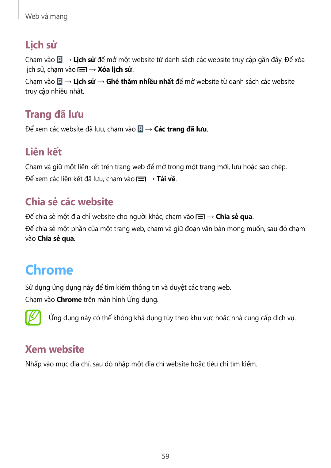 Samsung SM-T2110ZWEXXV manual Chrome, Lich sư, Trang đa lưu, Liên kết, Chia sẻ các website 