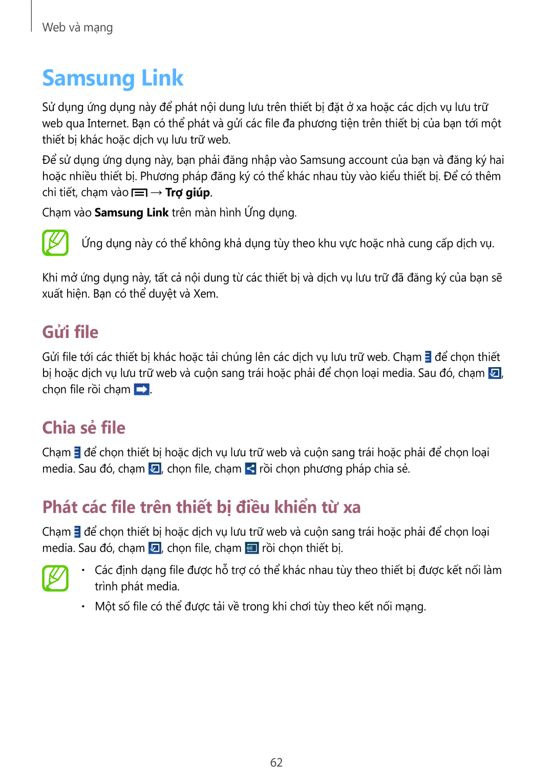 Samsung SM-T2110ZWEXXV manual Samsung Link, Gửi file, Chia sẻ file, Phát các file trên thiết bị điều khiển từ xa 