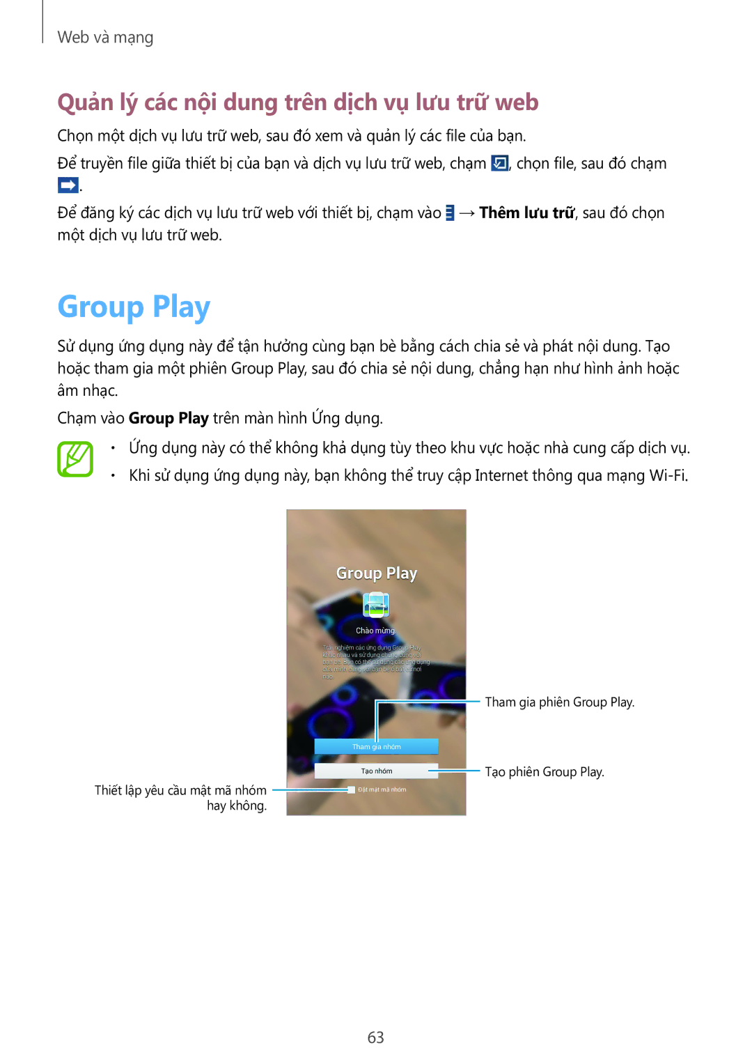 Samsung SM-T2110ZWEXXV manual Group Play, Quản lý các nội dung trên dịch vụ lưu trữ web 