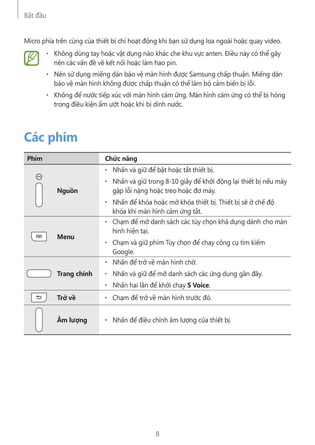 Samsung SM-T2110ZWEXXV manual Các phím 