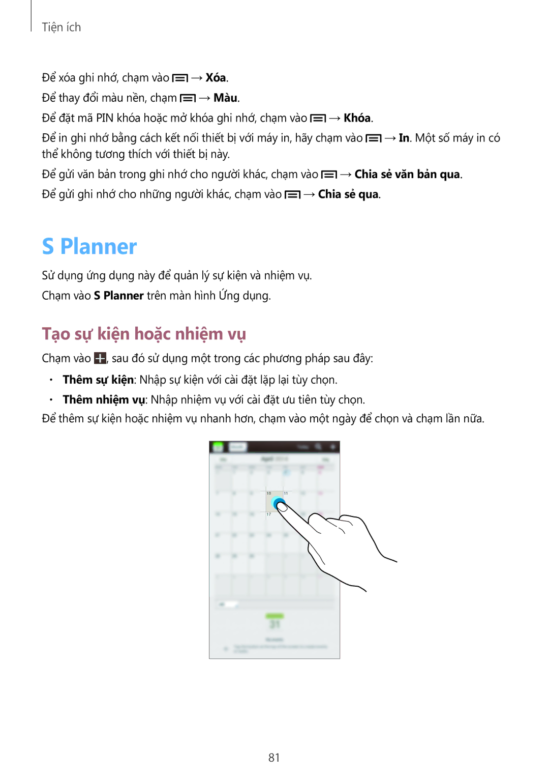 Samsung SM-T2110ZWEXXV manual Planner, Tạo sự kiện hoặc nhiệm vụ 