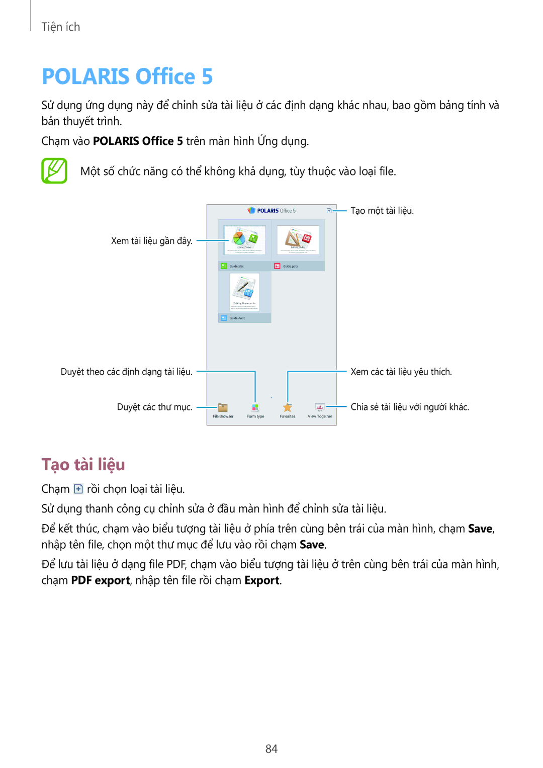 Samsung SM-T2110ZWEXXV manual Polaris Office, Tạo tài liệu 