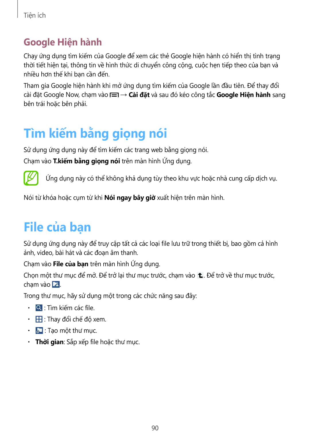 Samsung SM-T2110ZWEXXV manual Tìm kiếm bằng giọng nói, File của bạn, Google Hiên hanh 
