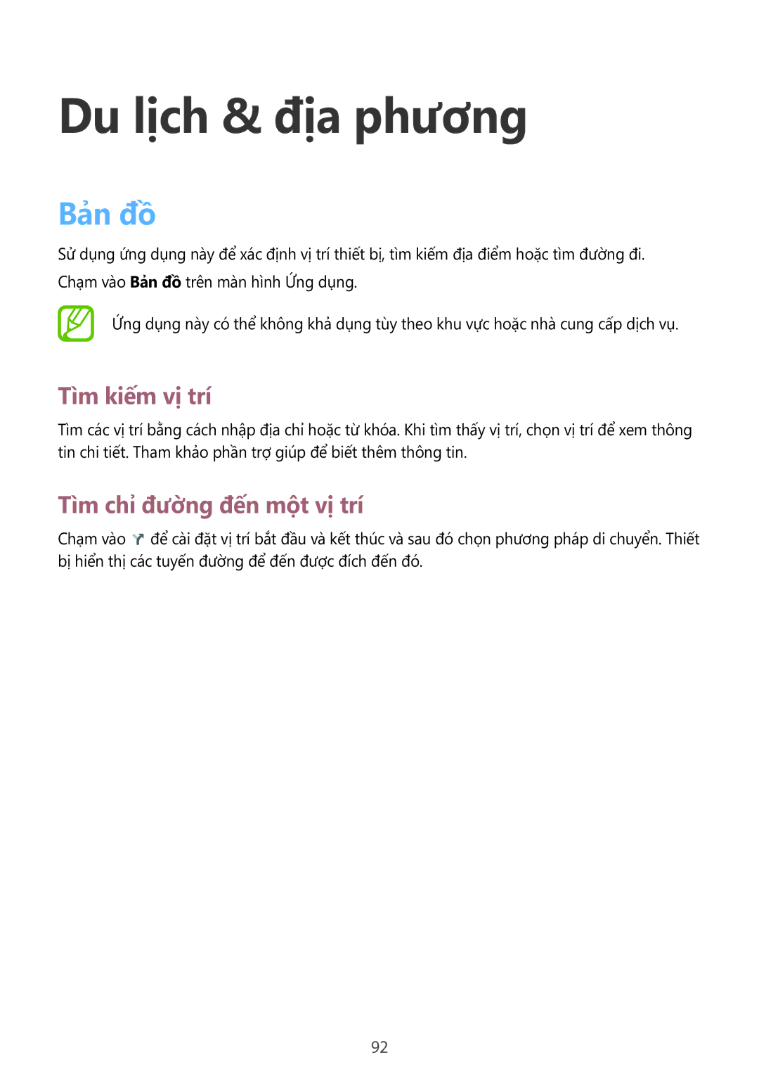 Samsung SM-T2110ZWEXXV manual Du lịch & địa phương, Bản đồ, Tìm kiếm vị trí, Tìm chỉ đường đến một vị trí 
