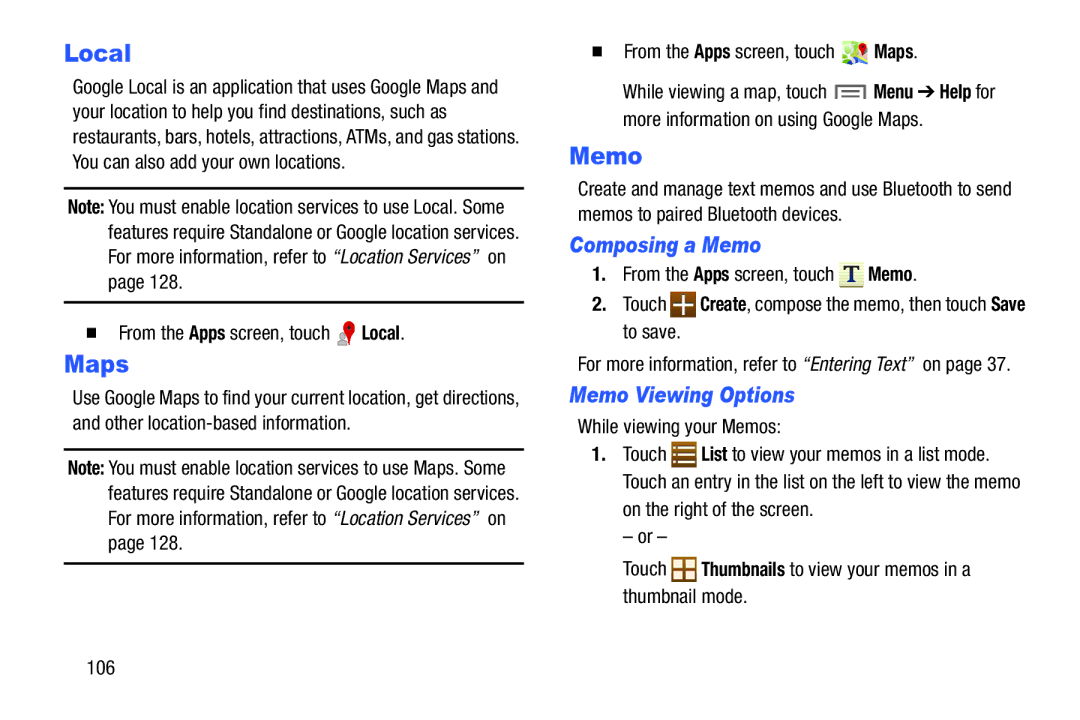 Samsung SM-T217AZKAATT user manual Local, Maps, Composing a Memo, Memo Viewing Options 