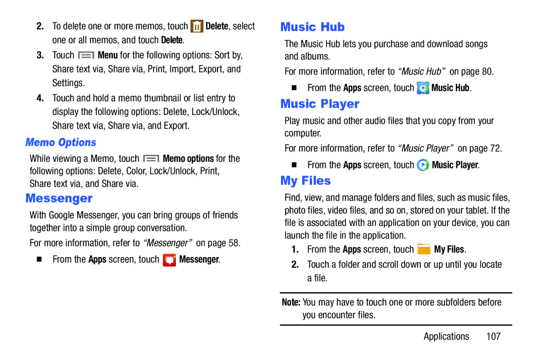 Samsung SM-T217AZKAATT user manual My Files, Memo Options, From the Apps screen, touch Messenger 