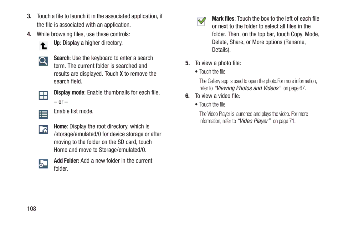 Samsung SM-T217AZKAATT user manual Enable list mode, Add Folder Add a new folder in the current folder, 108 