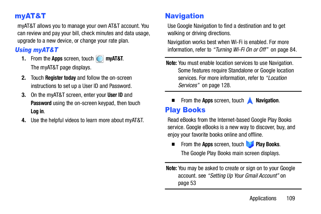 Samsung SM-T217AZKAATT user manual MyAT&T, Play Books, Using myAT&T, From the Apps screen, touch Navigation 