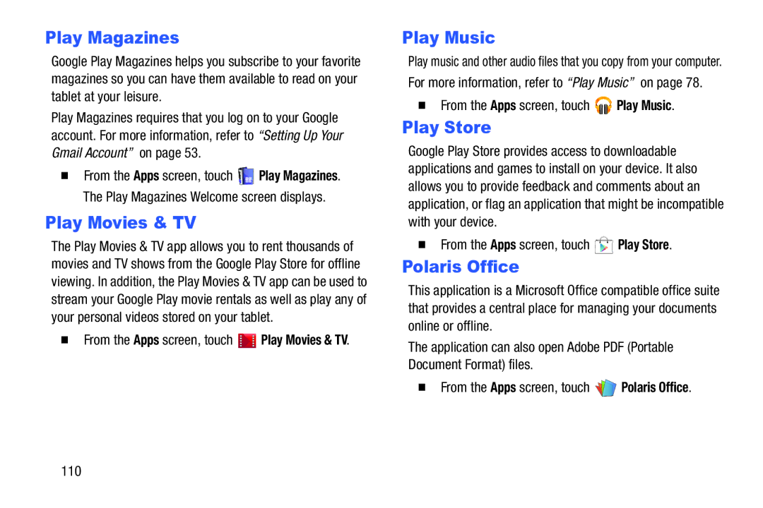 Samsung SM-T217AZKAATT user manual Play Magazines, Play Movies & TV, Play Store, Polaris Office 