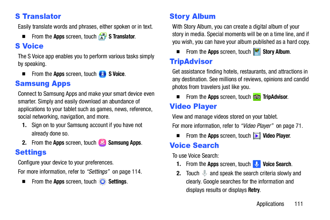 Samsung SM-T217AZKAATT user manual Translator, Samsung Apps, Settings, Story Album, TripAdvisor, Voice Search 