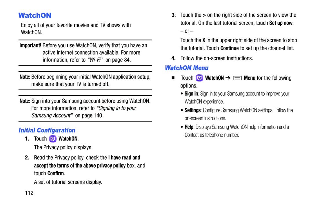 Samsung SM-T217AZKAATT user manual Initial Configuration, WatchON Menu, Touch WatchON 