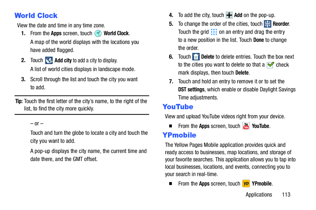 Samsung SM-T217AZKAATT user manual World Clock, YPmobile, Order, From the Apps screen, touch YouTube 