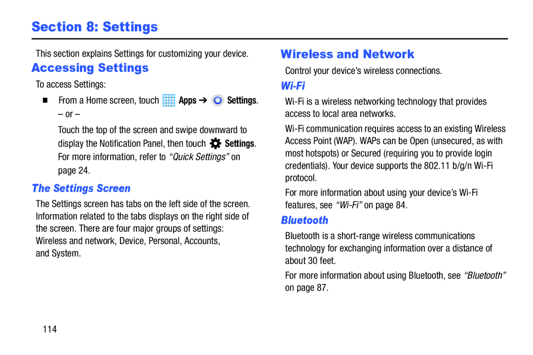 Samsung SM-T217AZKAATT user manual Accessing Settings, Wireless and Network, Settings Screen, Wi-Fi, Bluetooth 