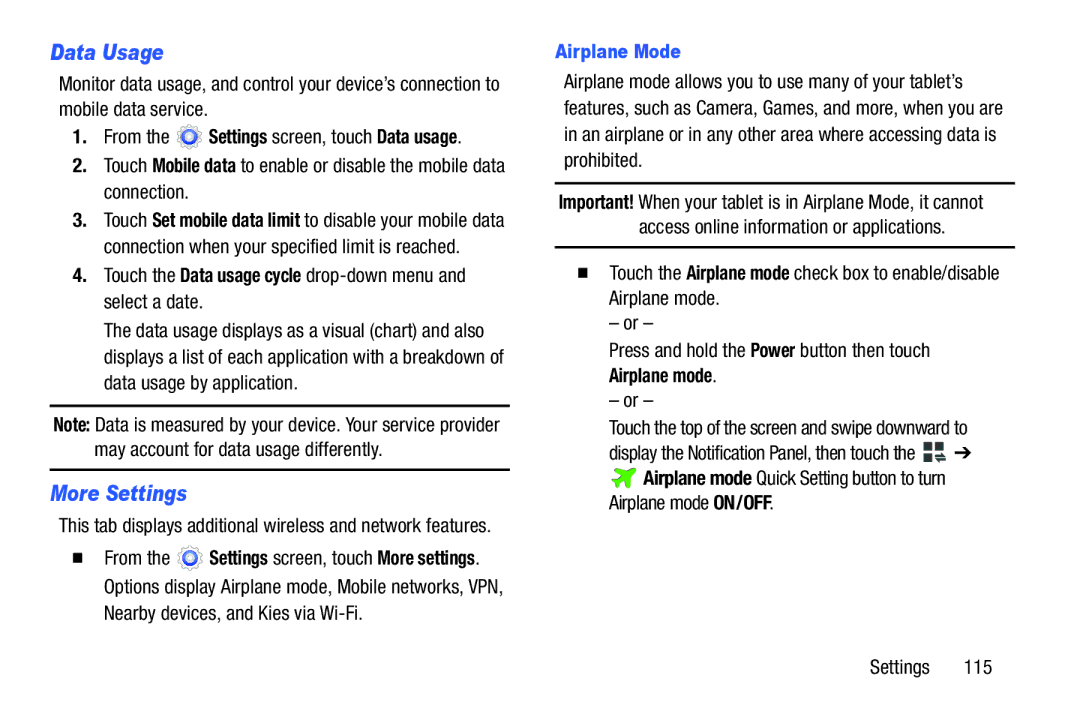 Samsung SM-T217AZKAATT user manual Data Usage, More Settings, Touch the Data usage cycle drop-down menu and select a date 