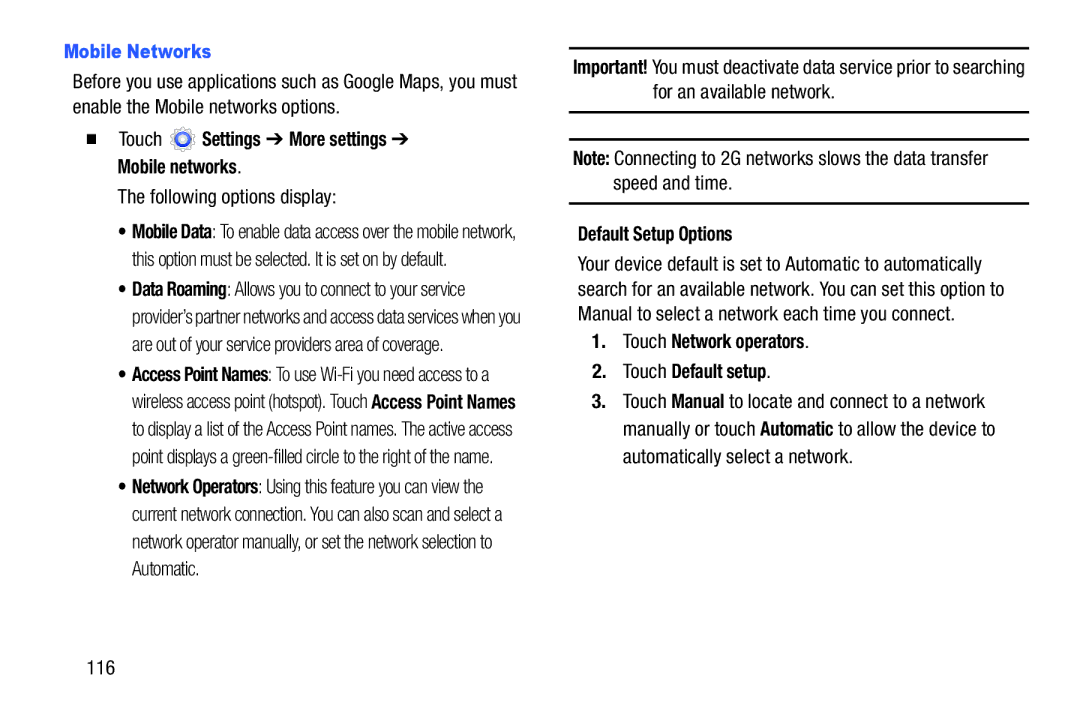 Samsung SM-T217AZKAATT user manual Mobile Networks, Following options display, Default Setup Options, 116 