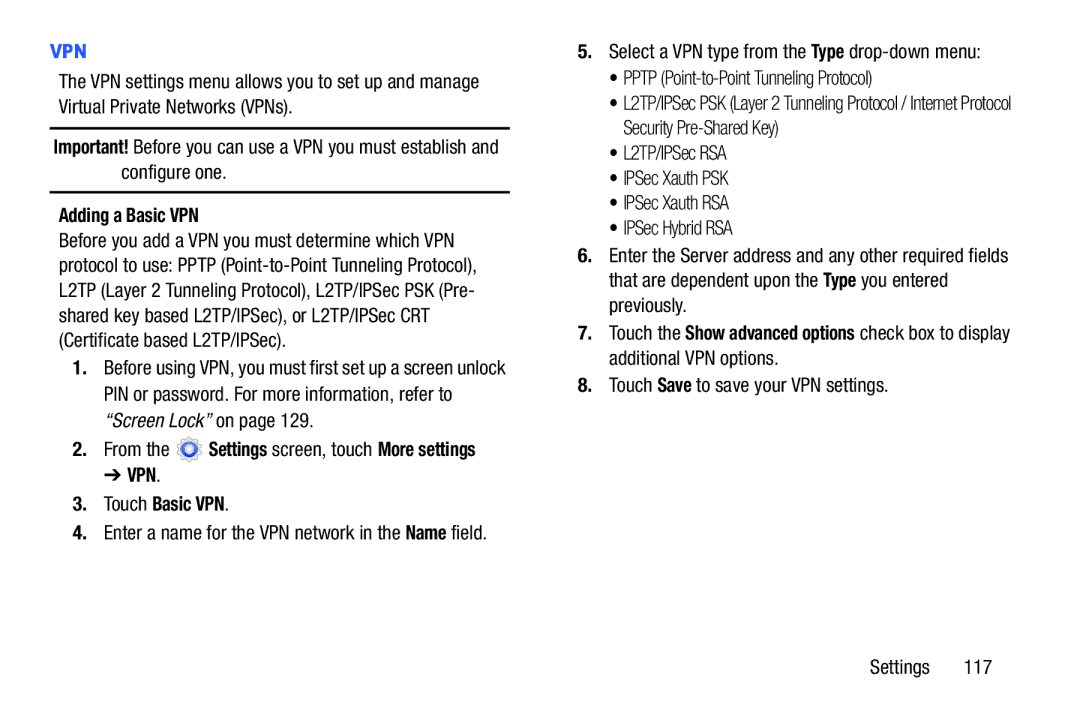 Samsung SM-T217AZKAATT user manual Adding a Basic VPN, From the Settings screen, touch More settings VPN, Touch Basic VPN 