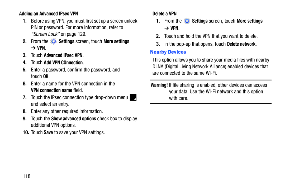 Samsung SM-T217AZKAATT Adding an Advanced IPsec VPN, Touch Advanced IPsec VPN Touch Add VPN COnnection, Delete a VPN, Vpn 