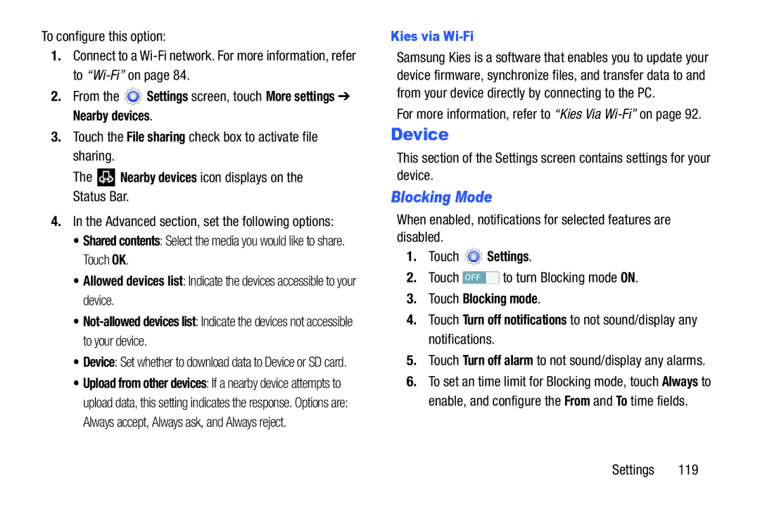 Samsung SM-T217AZKAATT user manual Device, Blocking Mode, Nearby devices icon displays on the Status Bar, Kies via Wi-Fi 