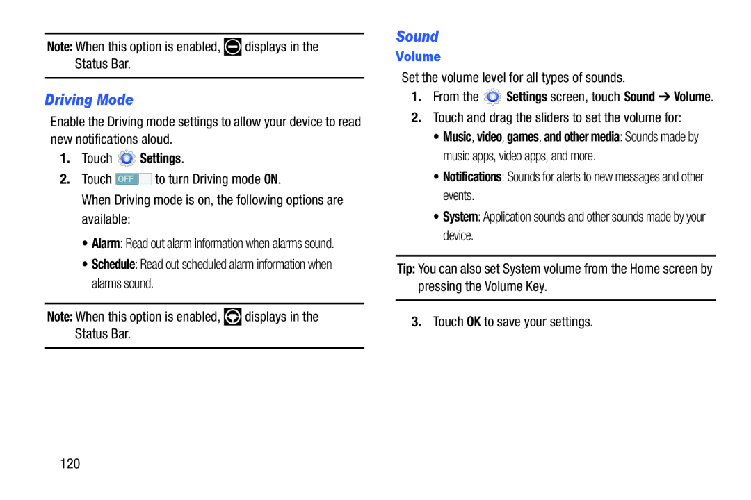 Samsung SM-T217AZKAATT user manual Driving Mode, Sound, Volume, Set the volume level for all types of sounds 