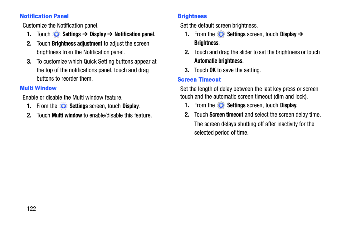 Samsung SM-T217AZKAATT user manual Notification Panel, Multi Window, Brightness, Screen Timeout 