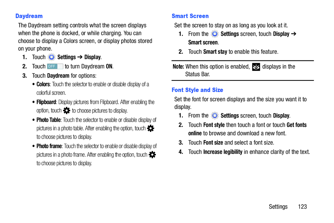 Samsung SM-T217AZKAATT user manual Daydream, Touch Settings Display, Smart Screen, Font Style and Size 