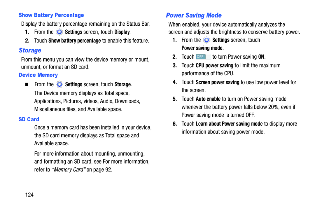 Samsung SM-T217AZKAATT user manual Storage, Power Saving Mode, Show Battery Percentage, Device Memory, SD Card 