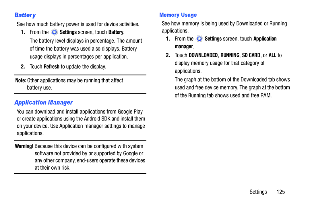 Samsung SM-T217AZKAATT user manual Application Manager, From the Settings screen, touch Battery, Memory Usage 