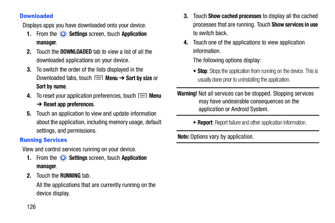 Samsung SM-T217AZKAATT user manual Downloaded, Reset app preferences, Running Services, 126 