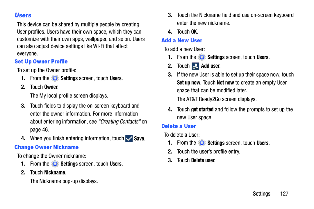 Samsung SM-T217AZKAATT user manual Users, Set Up Owner Profile, Change Owner Nickname, Add a New User, Delete a User 