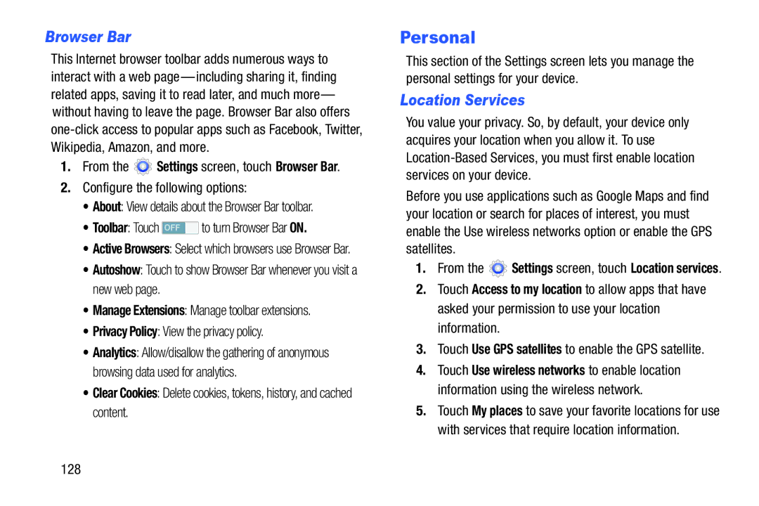 Samsung SM-T217AZKAATT user manual Personal, Browser Bar, Location Services 