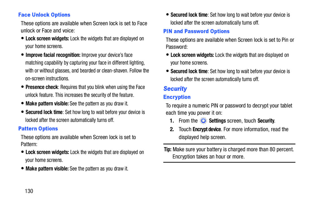 Samsung SM-T217AZKAATT user manual Security, Face Unlock Options, Pattern Options, PIN and Password Options, Encryption 