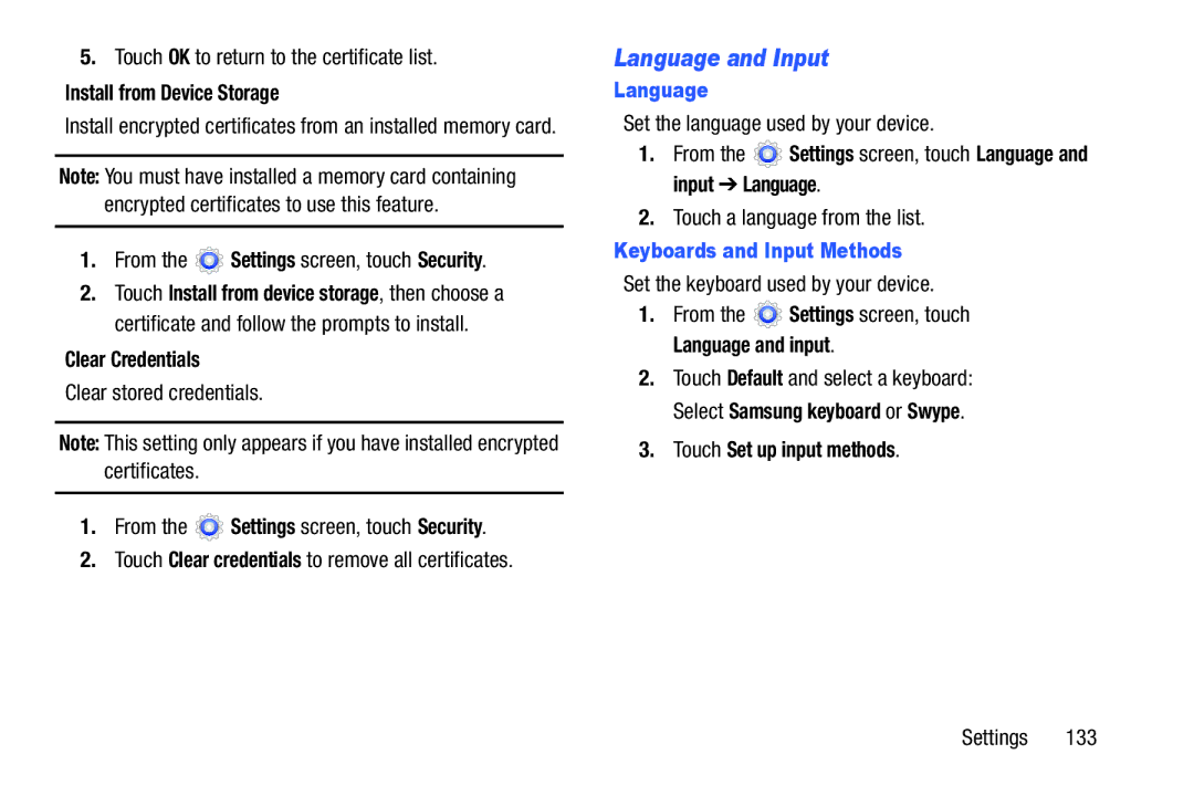 Samsung SM-T217AZKAATT user manual Language and Input, Keyboards and Input Methods 