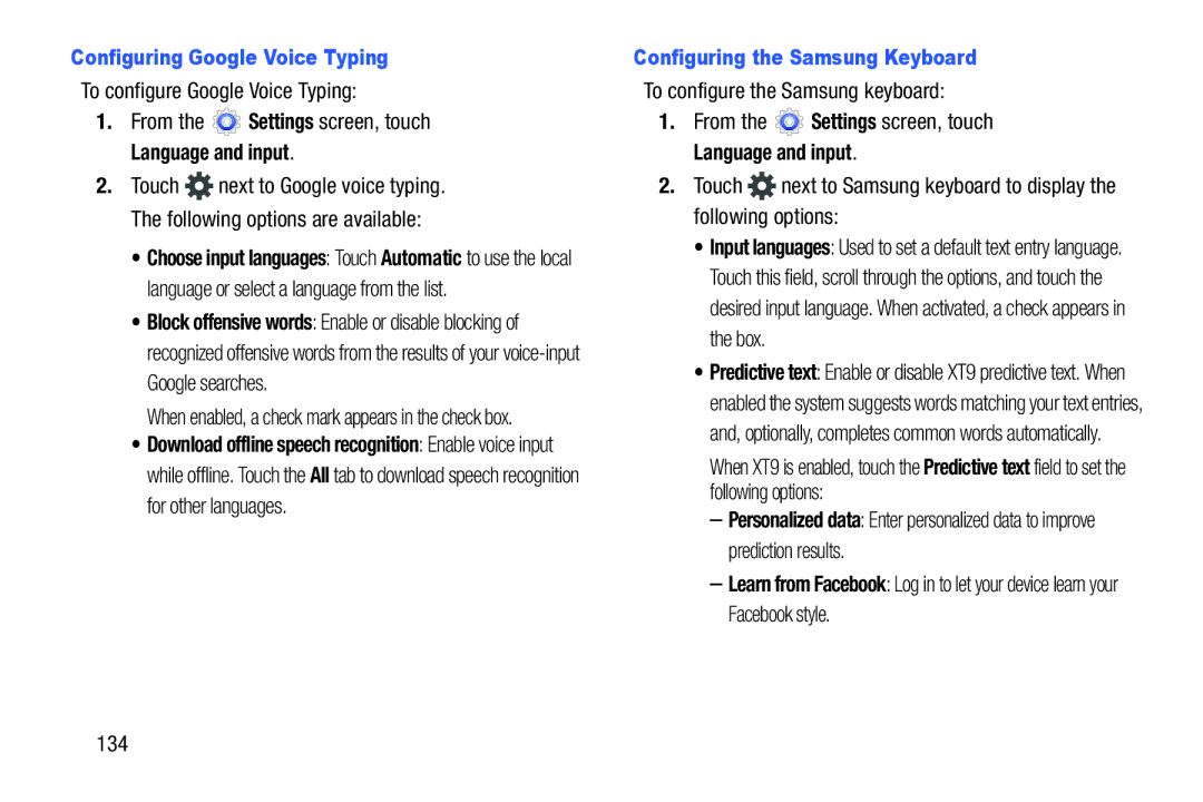 Samsung SM-T217AZKAATT user manual Configuring Google Voice Typing, 134 