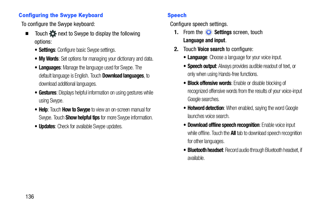 Samsung SM-T217AZKAATT user manual Configuring the Swype Keyboard, Updates Check for available Swype updates, Speech, 136 