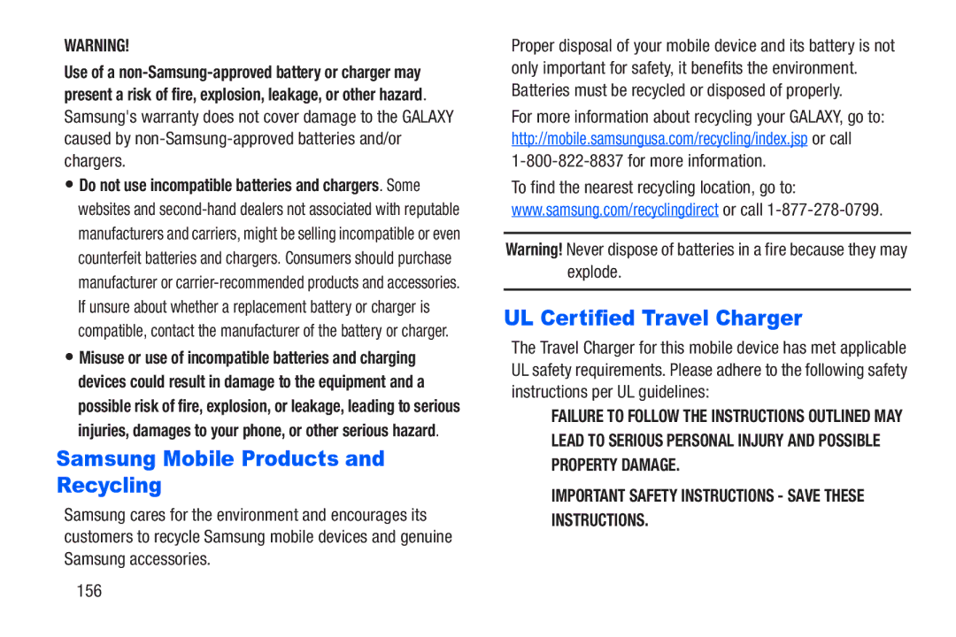 Samsung SM-T217AZKAATT user manual Samsung Mobile Products and Recycling, UL Certified Travel Charger, 156 