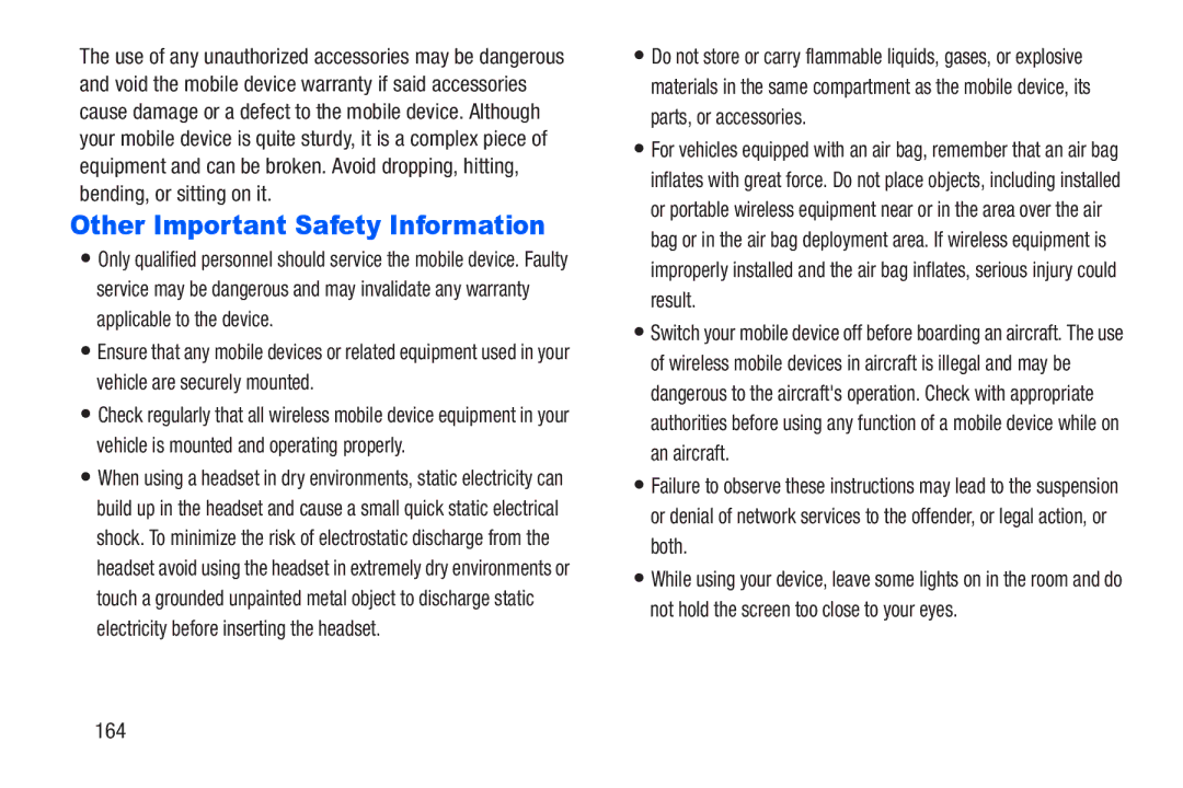 Samsung SM-T217AZKAATT user manual Other Important Safety Information, 164 