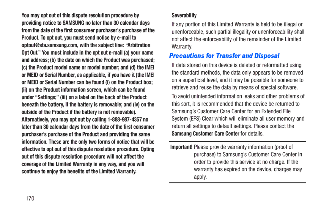 Samsung SM-T217AZKAATT user manual Precautions for Transfer and Disposal, Severability, 170 